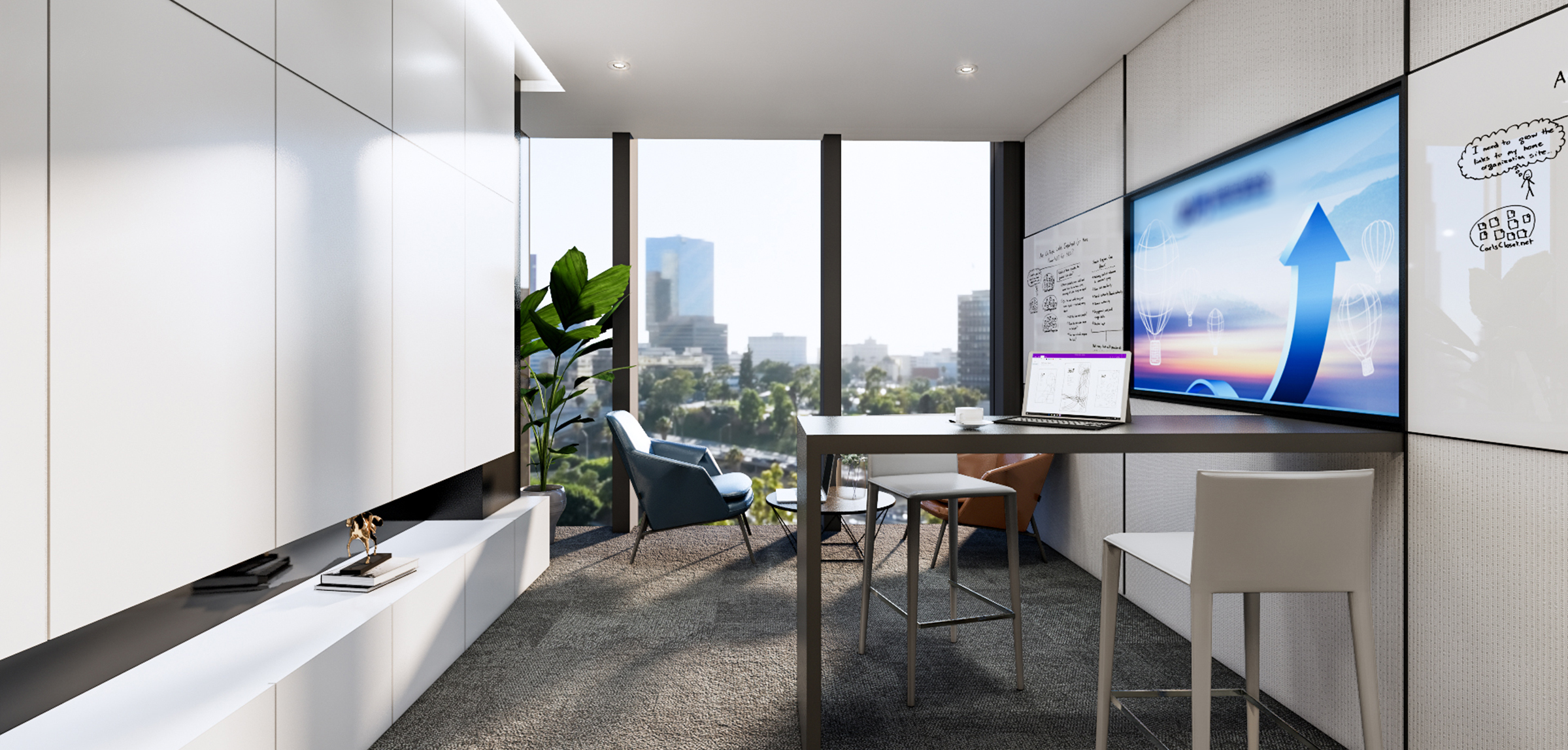 Compact focus and presentation room with city views