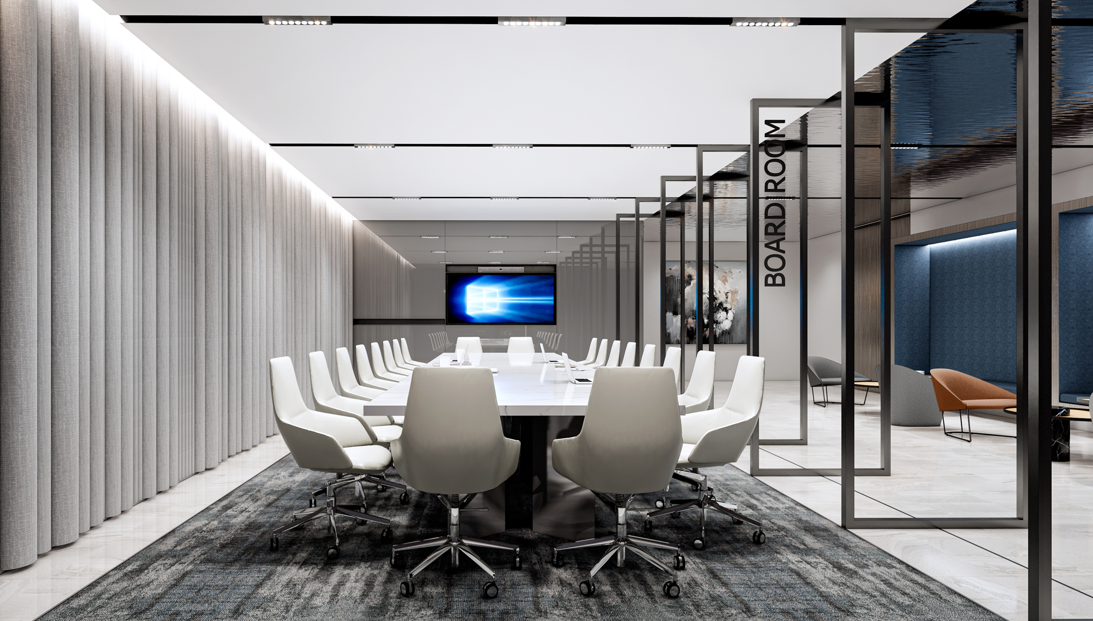 Formal boardroom with integrated collaboration displays