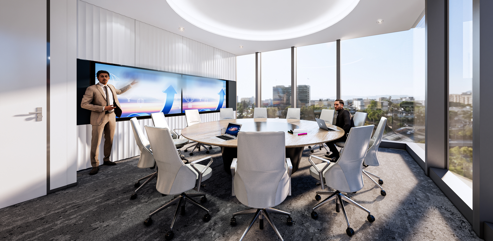 Client meeting room with a circular table and panoramic windows
