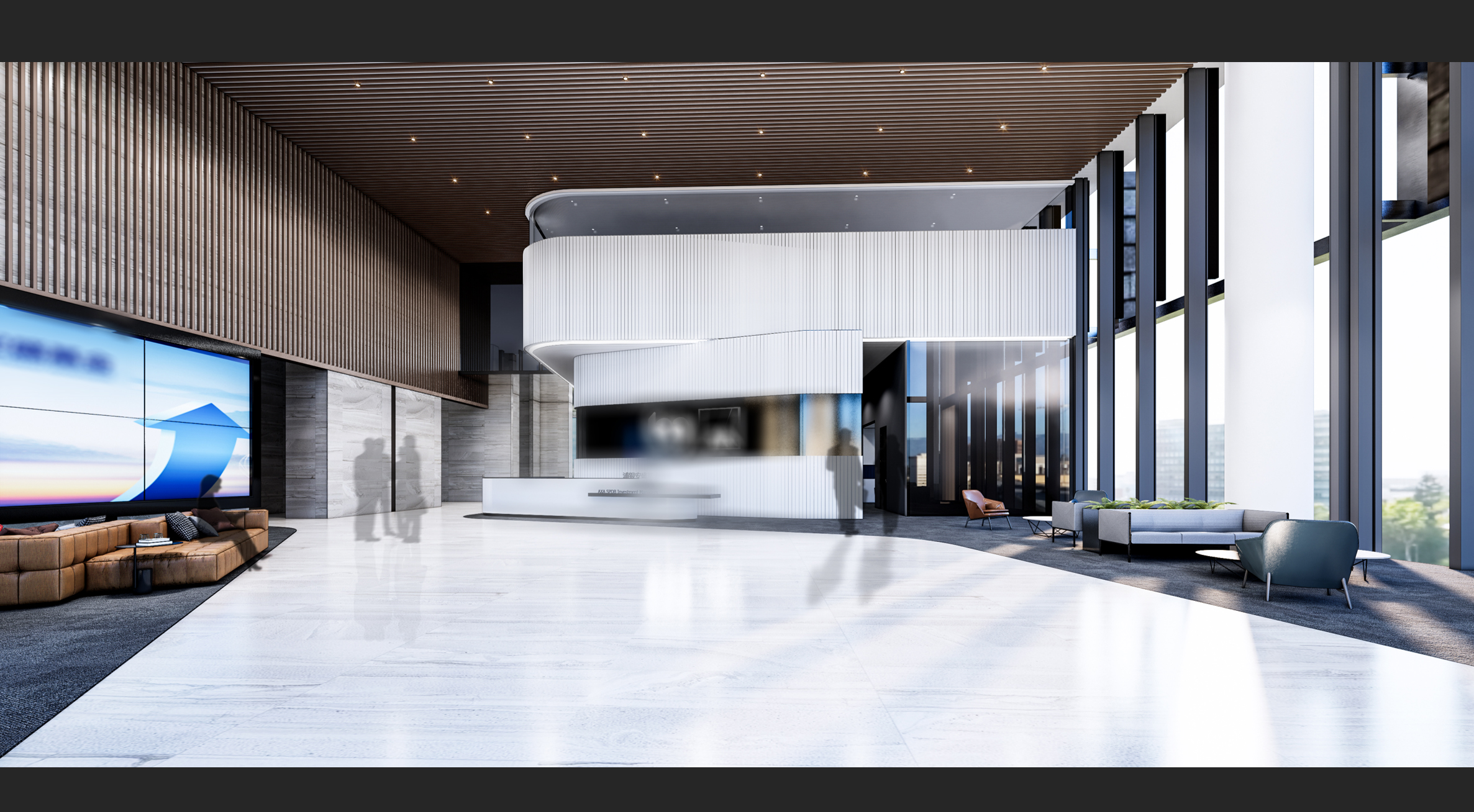 Double-height banking workplace reception and client lounge