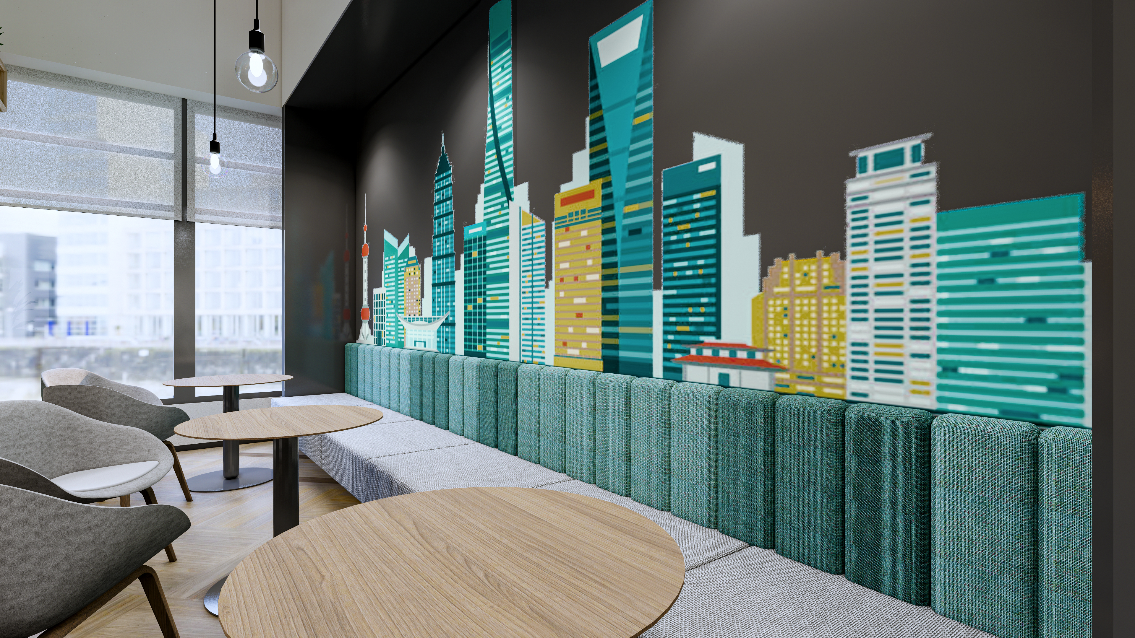 Informal lounge with skyline artwork
