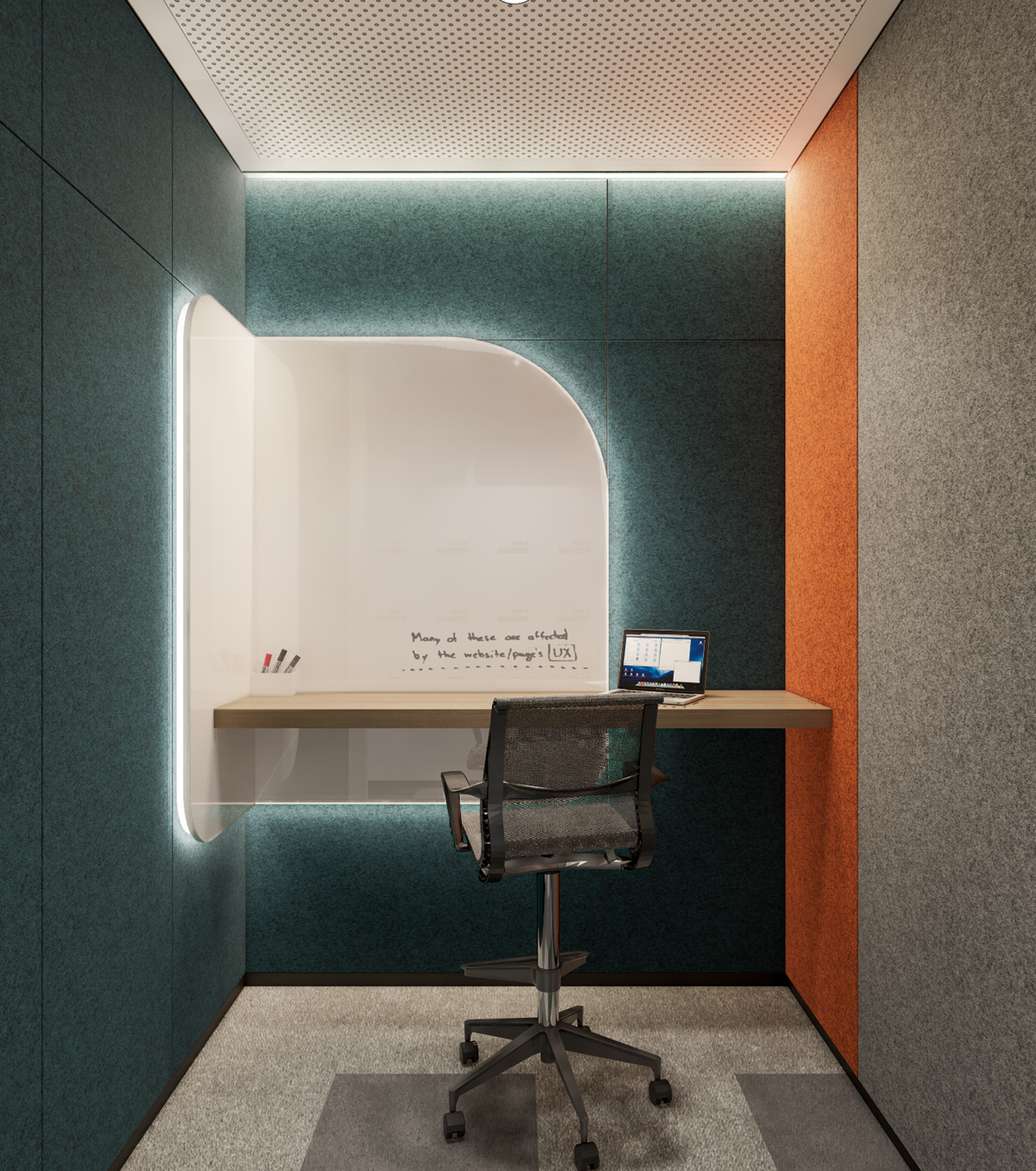 Individual focus room with integrated writing surface