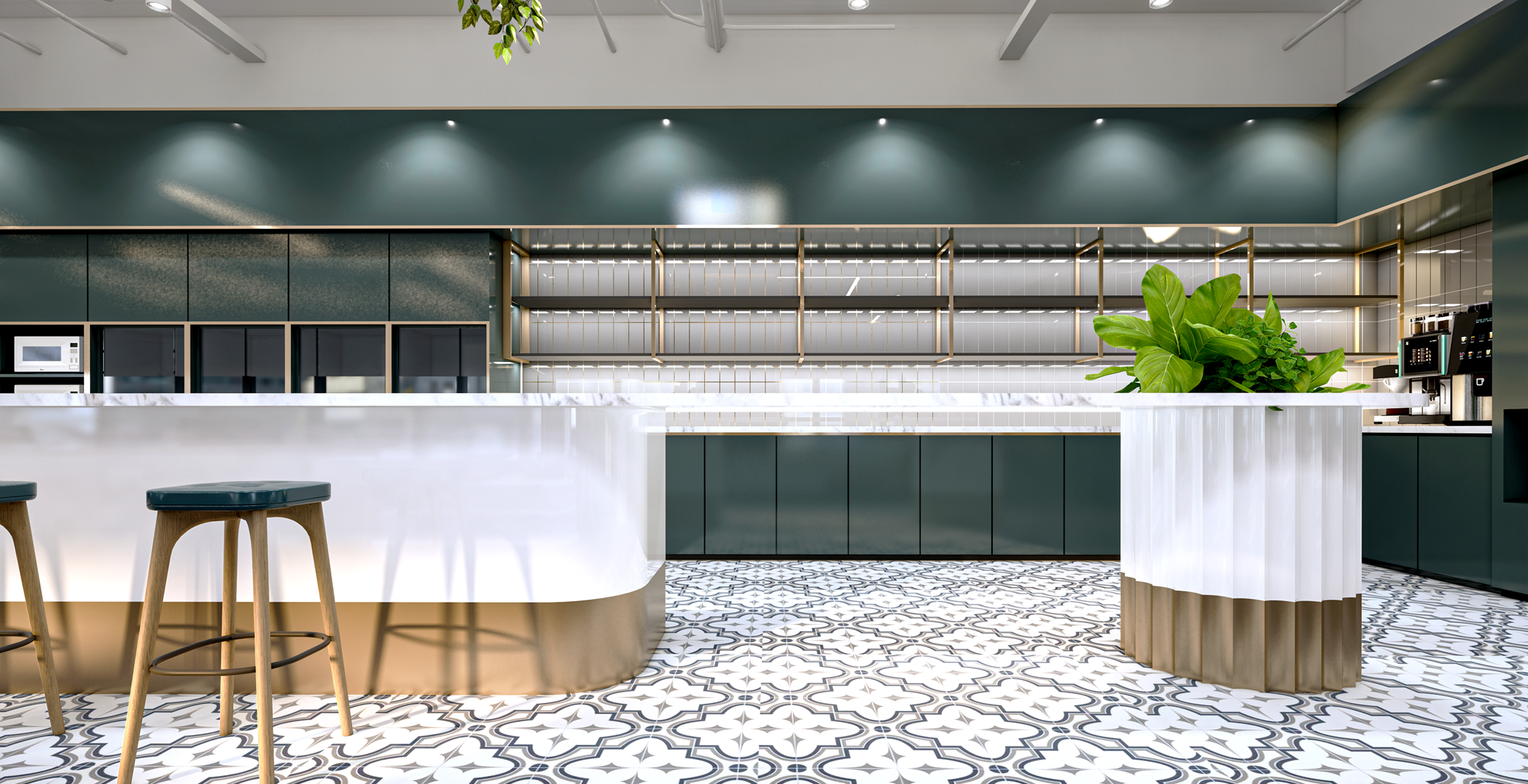 Workplace pantry with illuminated counters