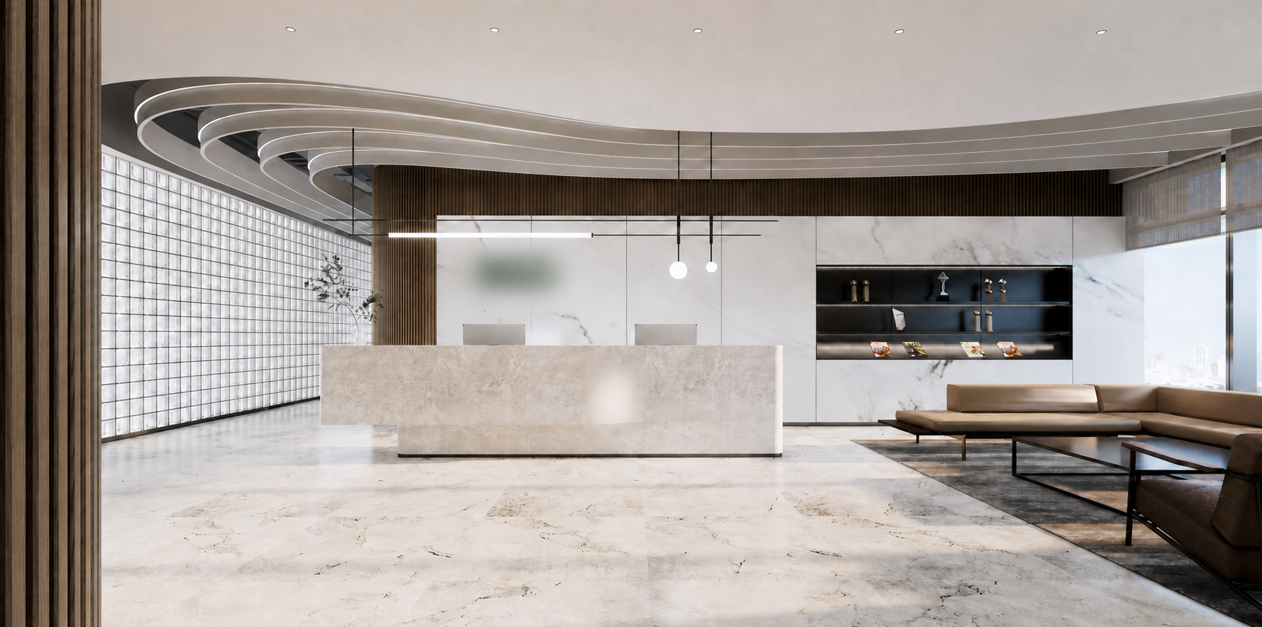 Stone reception and sculptural ceiling