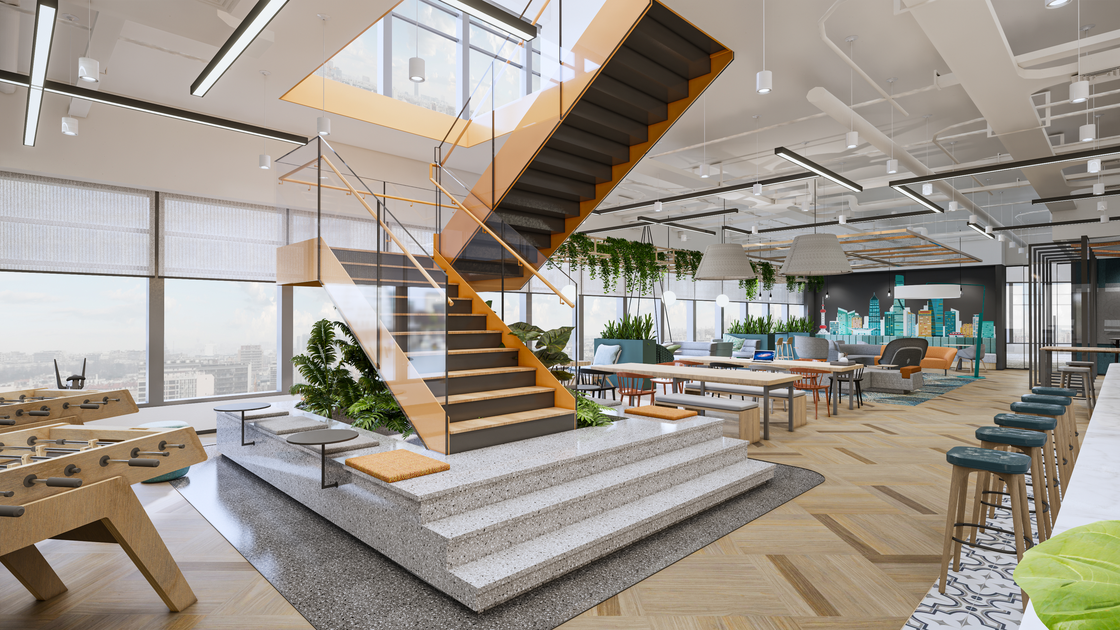 Workplace social hub organized around a feature stair