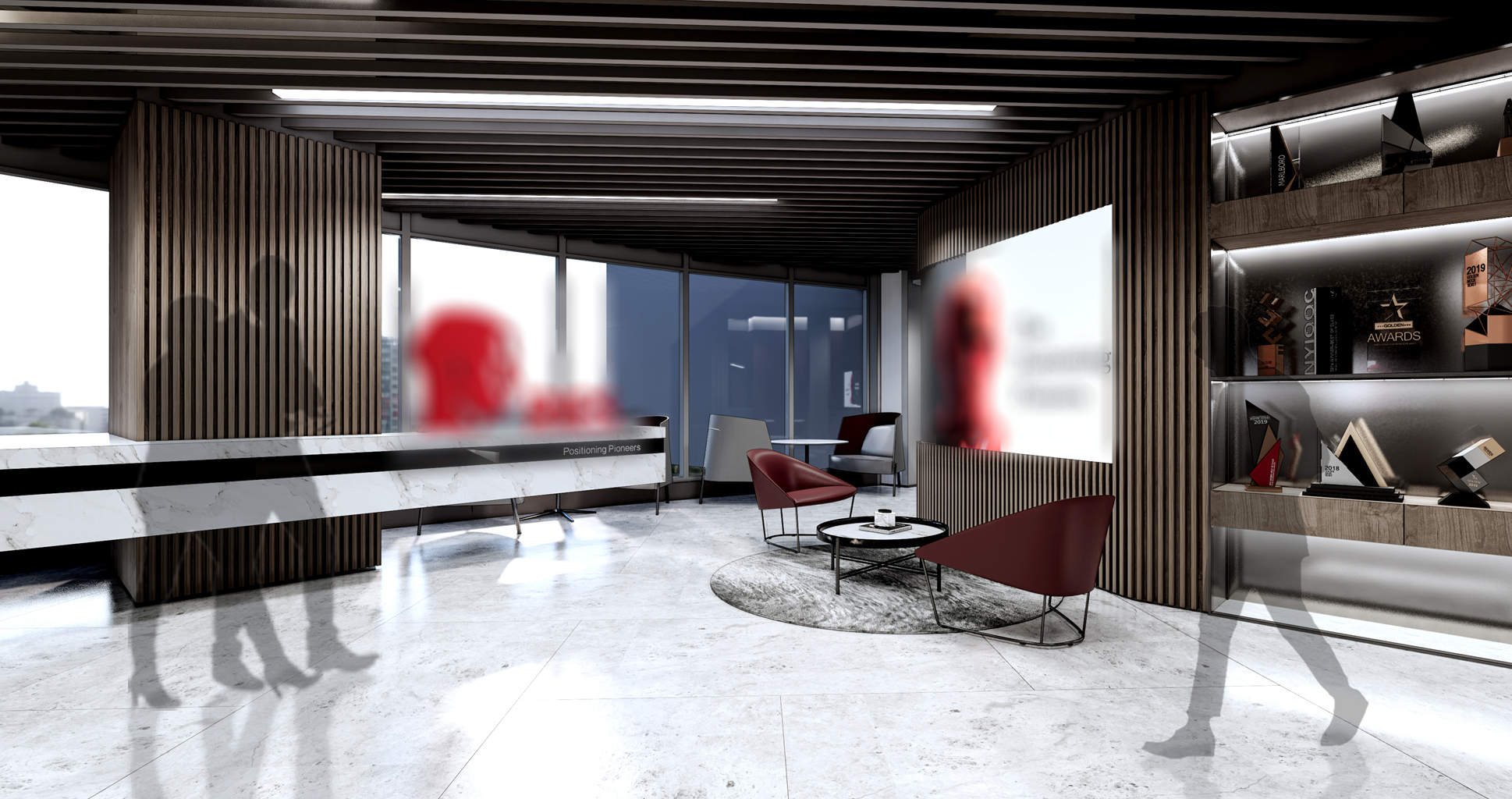 Reception lounge with brand display and awards wall
