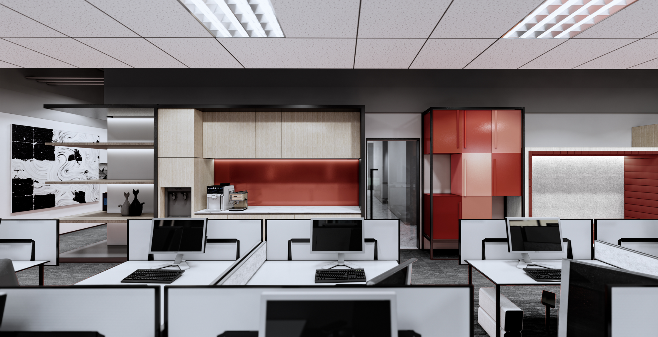 Open office with integrated pantry and red millwork