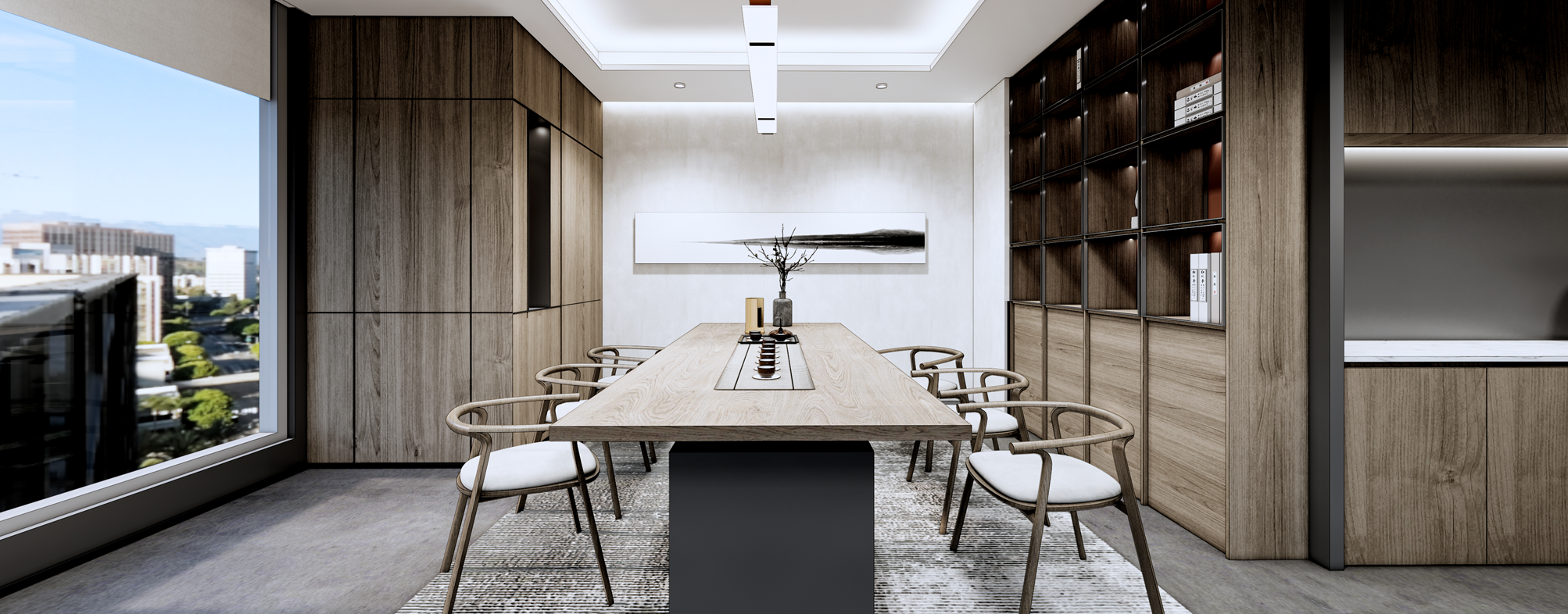 Warm timber meeting room with city views