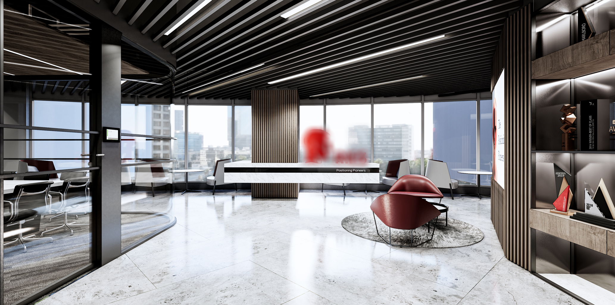 Consulting firm reception with dark timber, marble, and red brand elements