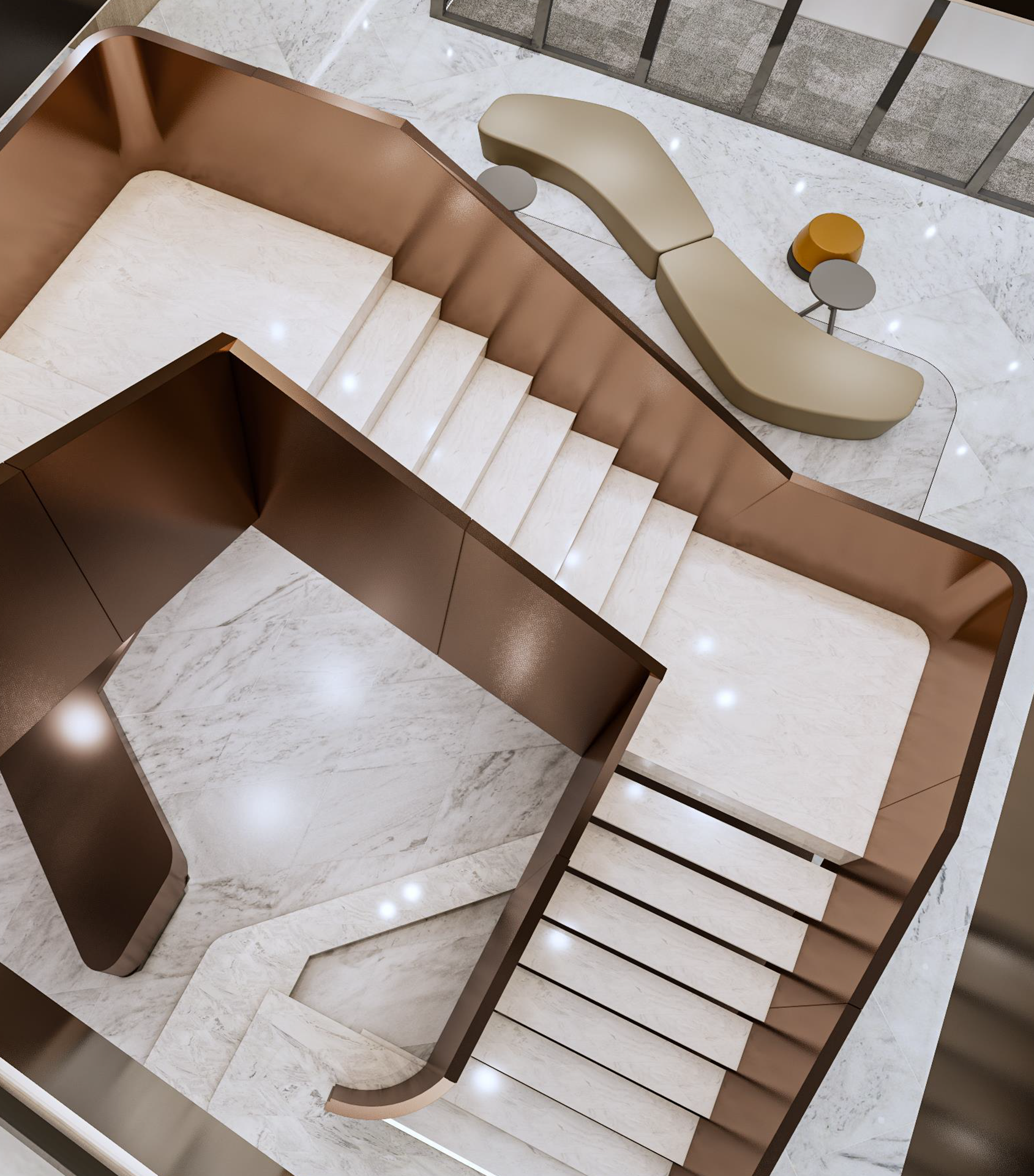 Sculptural coworking stair viewed from above