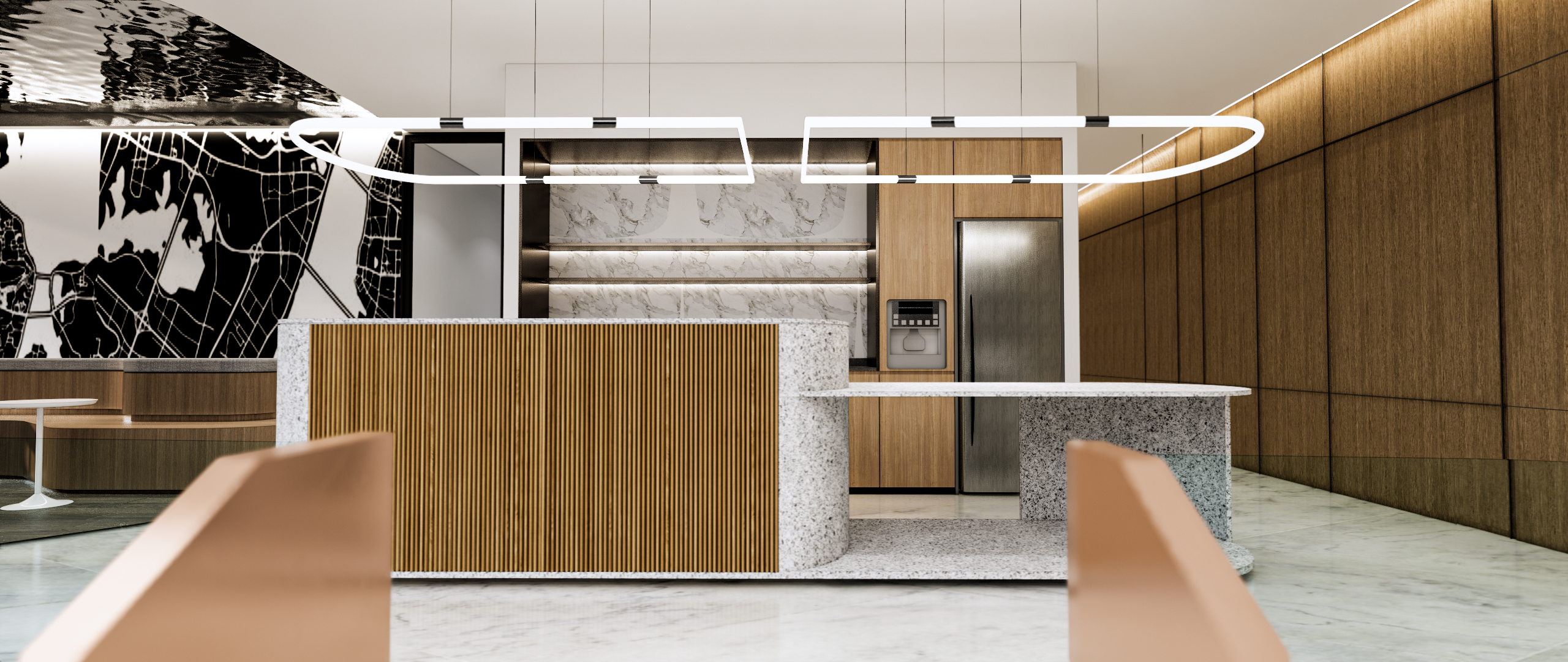 Coworking pantry with sculptural lighting and timber finishes