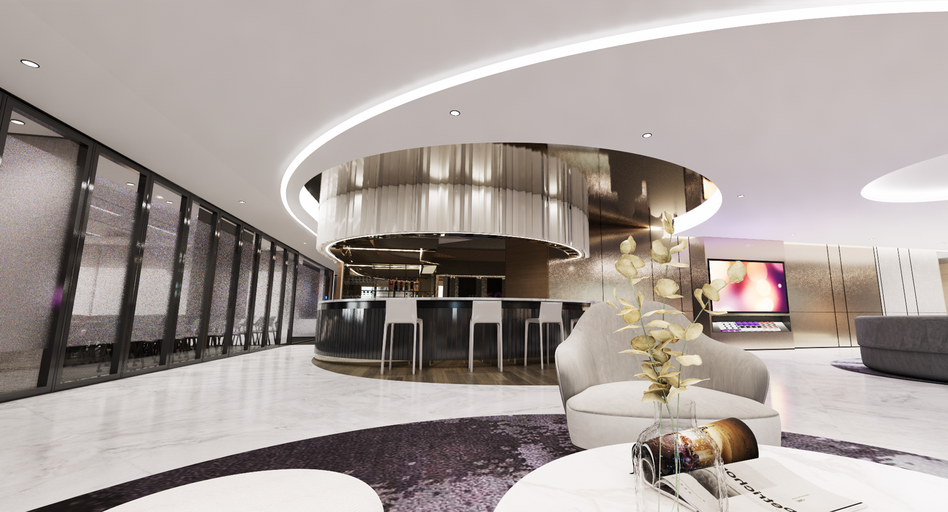 Client lounge with a circular bar and soft seating
