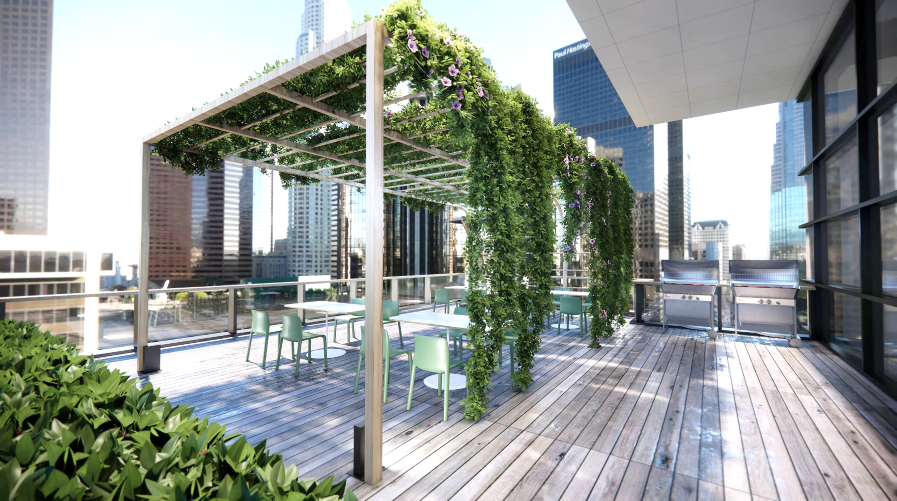 Green workplace terrace overlooking the city