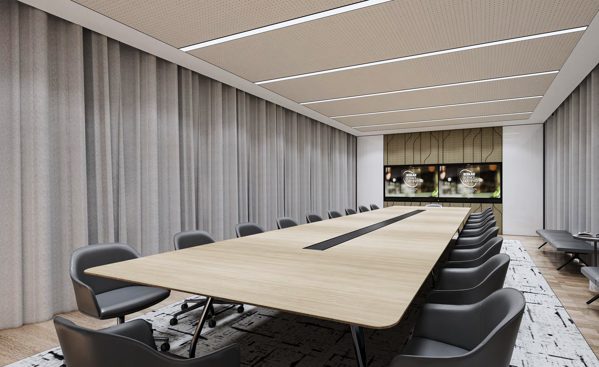 Boardroom with acoustic wall and ceiling treatments
