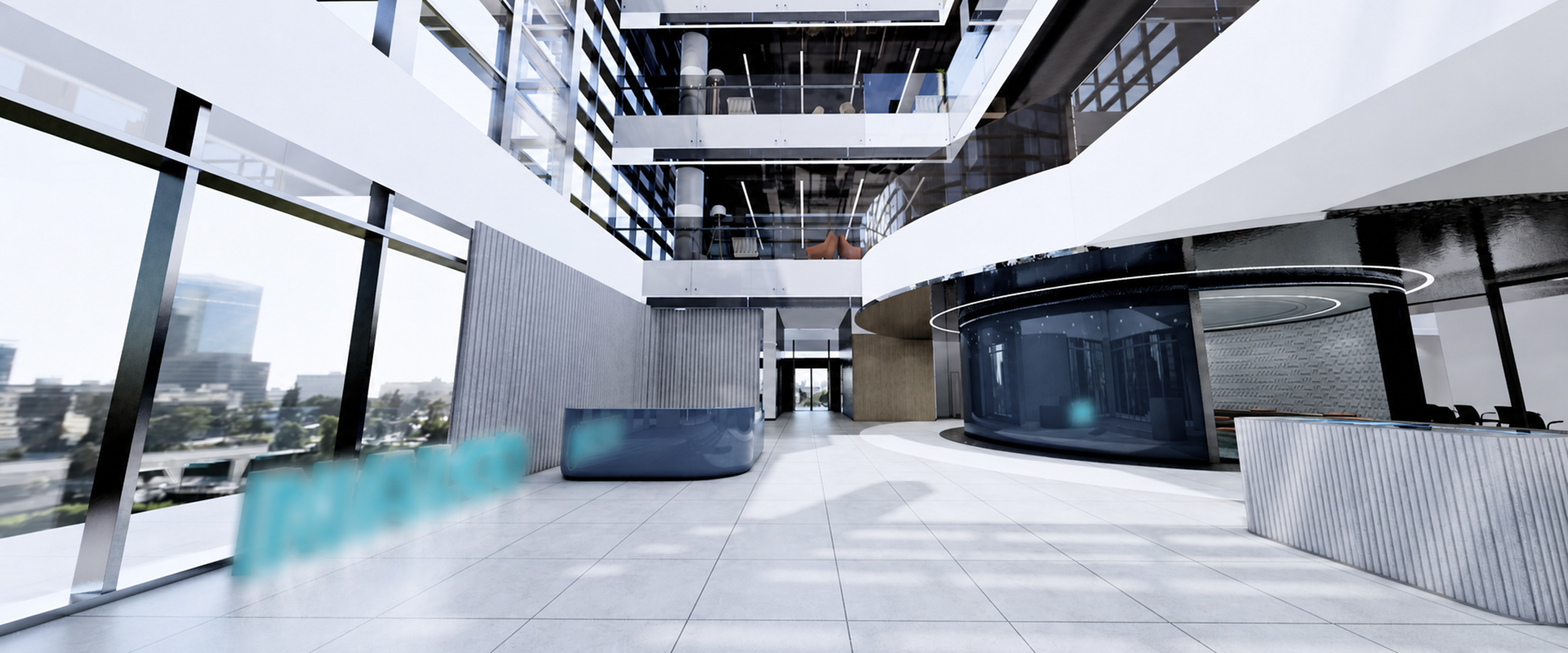Full-width view of a multi-level sustainability workplace atrium