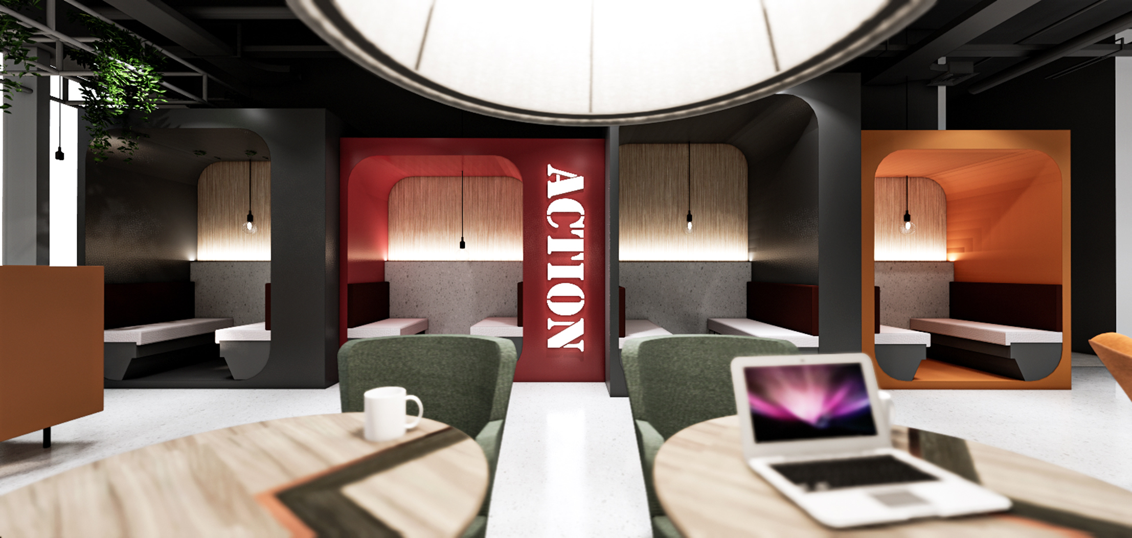 Action-themed collaboration booths and informal work tables
