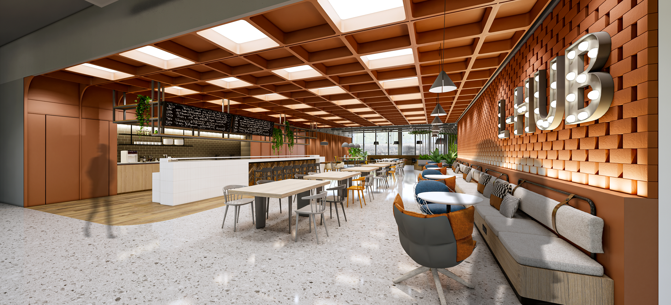 Warm-toned hub cafe and hospitality space