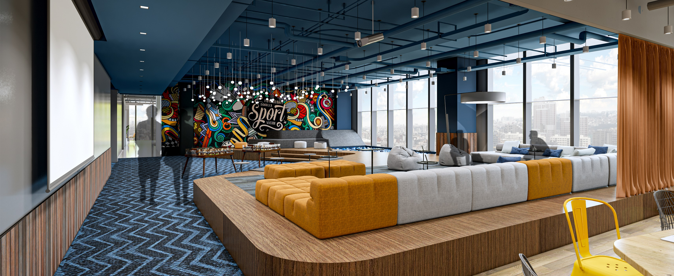 Corporate experience hub social and sports lounge with tiered seating, city views, and a graphic feature wall