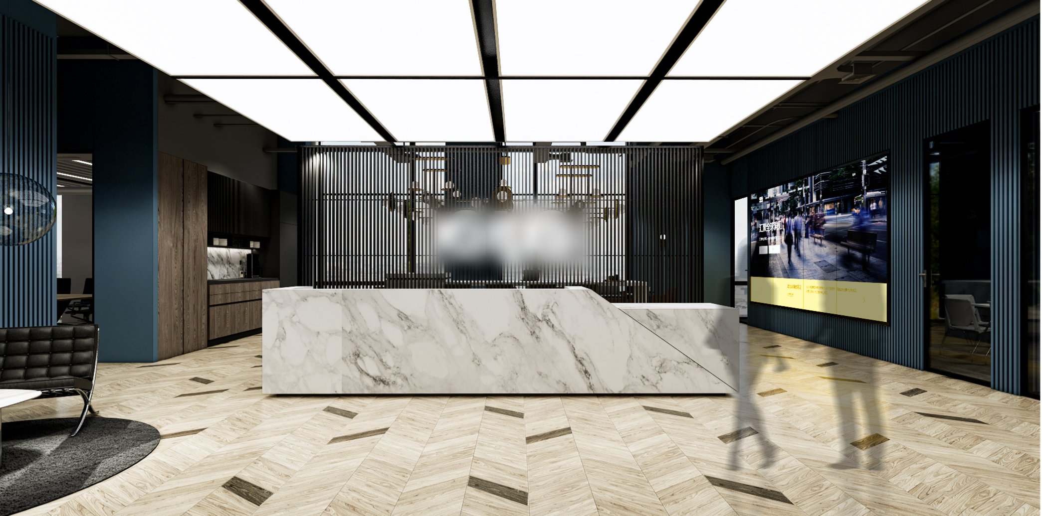 Frontal view of the marble reception