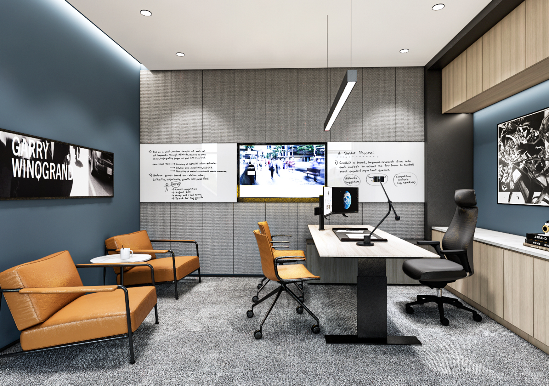 Focus office with writable collaboration wall