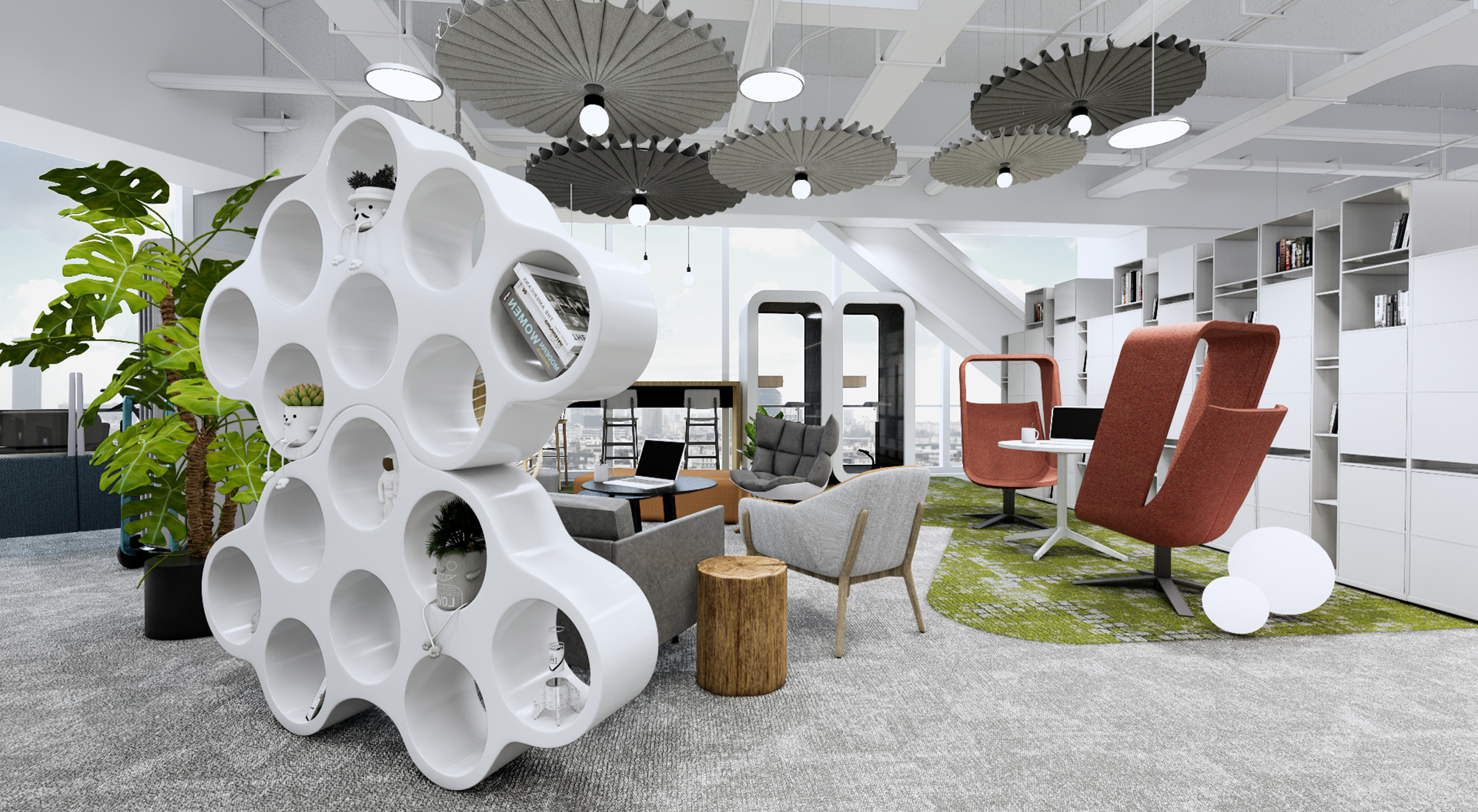 Social library with playful shelving and lounge settings